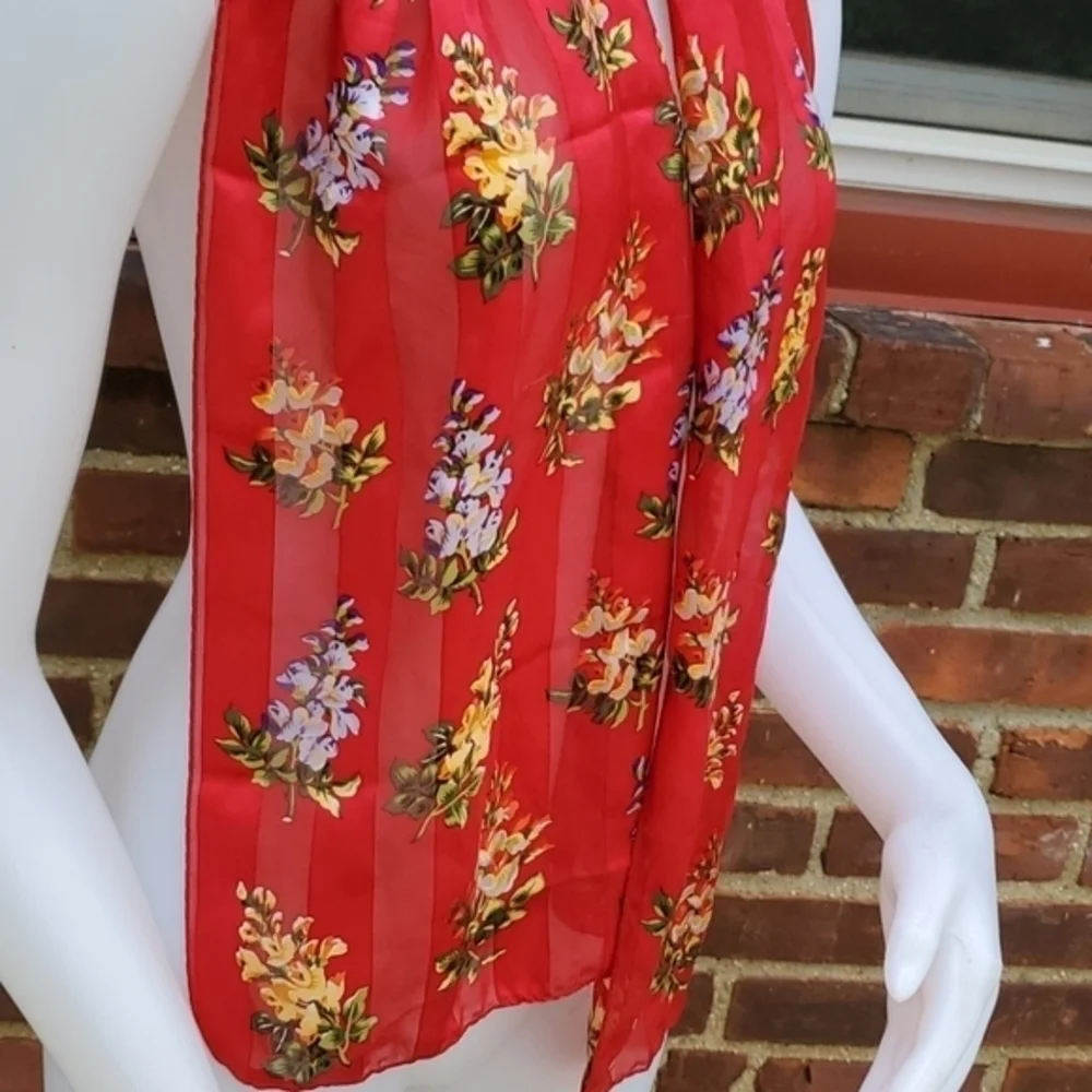 Echo 100% Silk Red Floral Sheer Scarf Vintage Style